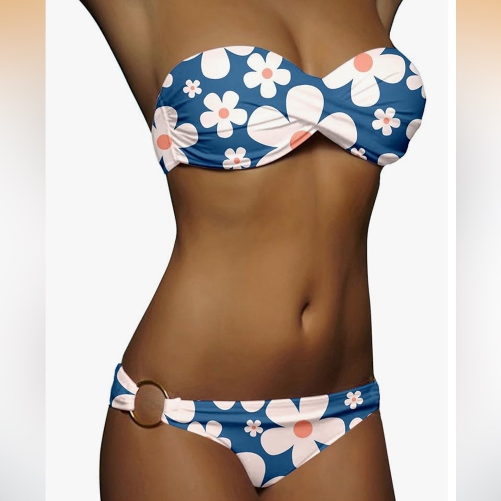Floral Bandeau Two-Piece Bikini Set - Blue/White/Pink